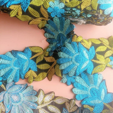 Black Velvet Fabric Trim With Pink / Blue And Green Floral Embroidery, 76mm wide - 200317L268 / 69